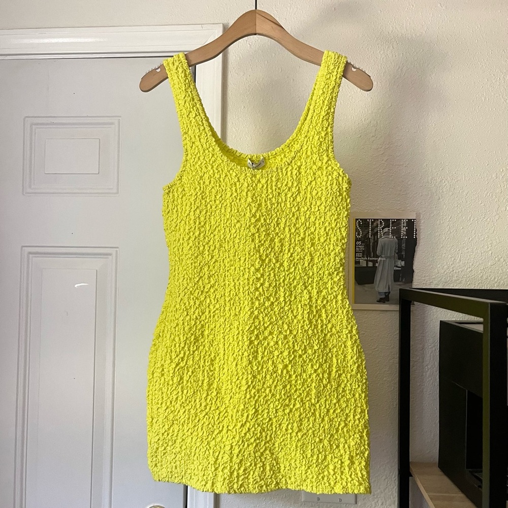 NWT SILK‎ LAUNDRY neon green yellow cotton silk popcorn scrunch sleeveless mini